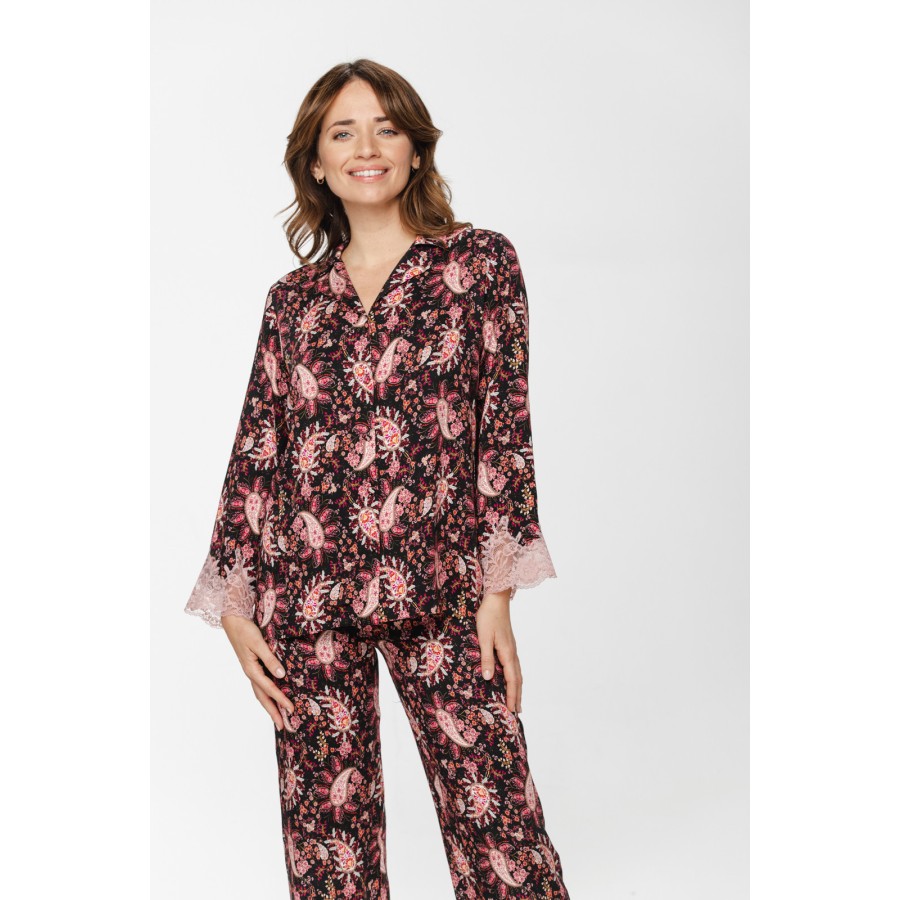 Pijama viscosa corte amplio negro detalle